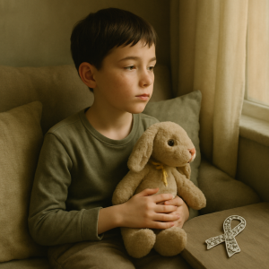 "Autistic boy sitting near window holding toy with autism awareness ribbon in soft-lit room"