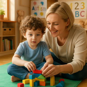 Child with autism in therapy room playing with colorful blocks guided by female therapist