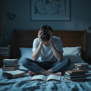 Alt Text: Teen showing signs of anxiety while sitting alone on his bed.