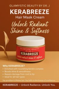 Kerabreeze Conditioner and Hair Mask by Glamystic Beauty placed on a marble vanity with coconut and aloe vera elements, representing hydration and hair repair.”


