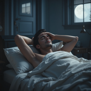 A tired man lies awake in bed at night, eyes half-closed and face tense with stress, trying to sleep in a dimly lit room with soft moonlight. The peaceful bedroom contrasts with his anxious expression, showing emotional restlessness.