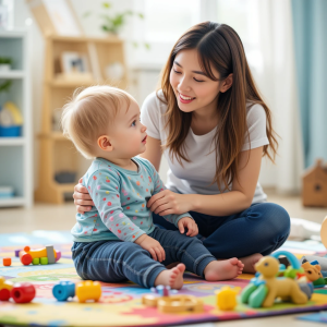 Mother encouraging her toddler with speech delay using play-based interaction.