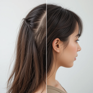 "Before and after image of female scalp showing hair regrowth and reduced hair fall after treatment."
