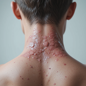 Psoriasis on the back of the neck showing red, scaly, and inflamed skin patches