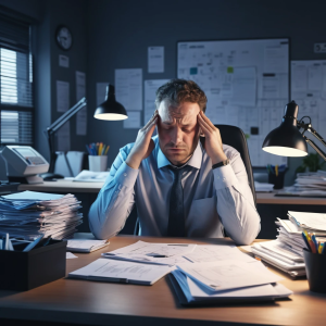 Burned-out office worker overwhelmed by modern workplace stress.