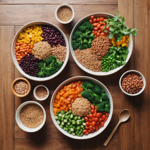 Healthy plant-based meal for beginners with grains, vegetables, and legumes.