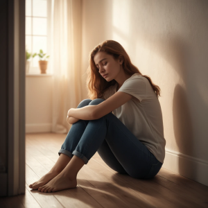 A young woman battling stress and anxiety alone.