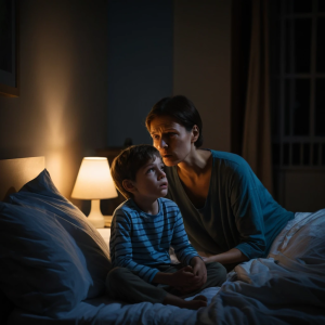 Child struggling with asthma at night.
