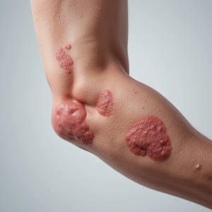 Psoriasis patch on elbow with dry and irritated skin