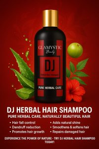 “DJ Shampoo bottle by Glamystic Beauty on a counter with green leaves and clean background representing freshness and hair care.”

