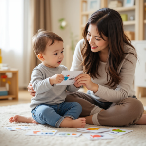 Mother teaching her young son to speak using flashcards and gentle encouragement. 
