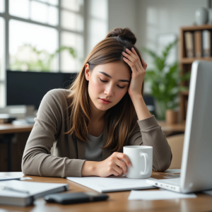 Stressed adult woman showing anxiety symptoms at workplace.
